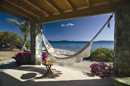 SEASCAPE HAMMOCK - SUNNY, DAY, SEASCAPE, RELAXATION, OCEAN, HAMMOCK, FLOWERS