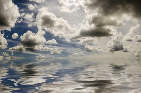 MOONSCAPE - moon, sky, ocean, reflection, clouds