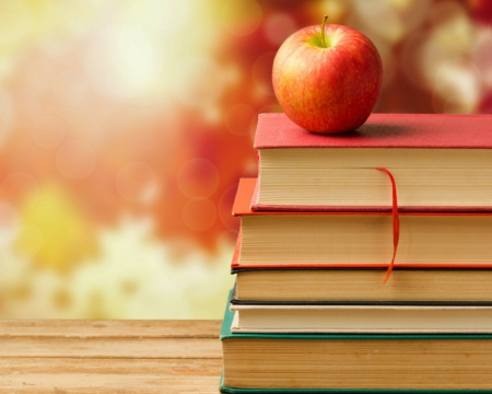 Books and apple - table, books, fruits, apple