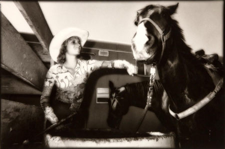 rodeo cowgirl with horse - reins, horse, hat, cowgirl