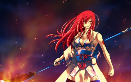 Erza Scarlet - fight, cool, fairy tail, warrior, red, anime, long hair, erza