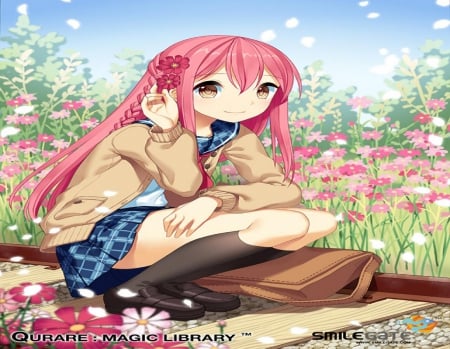 Cute Flower Girl - school uniform, girl, pink, long hair, flowers, cute, seifuku, orginal