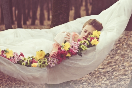 Spring Beauty - soft, beauty, model, hammock, flowers, lace, leaves, girl, white, lady, trees, autumn