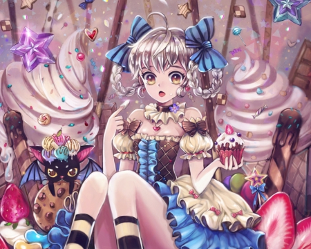 Yummy Food - female, twintail, anime girl, anime, chocolate, ribbon, food, twin tail, cute, girl, twintails, long hair, gown, cake, candy, cream, kawaii, twin tails, choco, sweet, dress