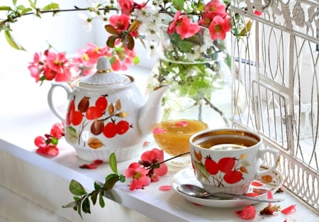 Tea Time - flowers, nature, tea, pink flowers, still life, cup