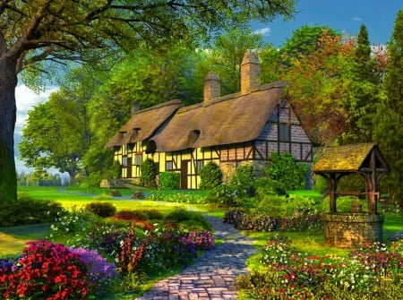 Secret sanctuary - cottage, trees, peaceful, colorful, countryside, greenery, path, spring, calm, painting, art, pretty, rural, walk, house, sanctuary, summer, serenity, nature, secret, beautiful, flowers