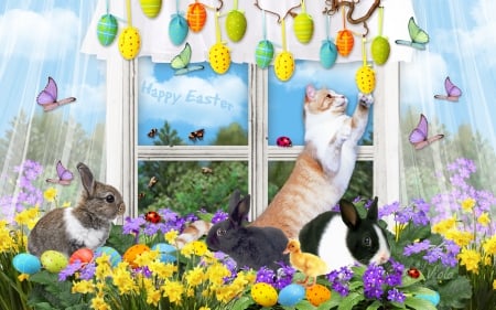 Easter Bunnies Window - Viola Tricolor, clouds, Easter eggs, butterflies, window, blue sky, spring, daffodils, ladybugs, Easter, cat, flowers, bees, curtain, happy Easter, bunnies