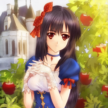 Yuki Hime - apple, maiden, beautiful, anime girl, girl, ribbon, lady, fruit, pretty, beauty, sweet, anime, dress, long hair, nice, lovely, female