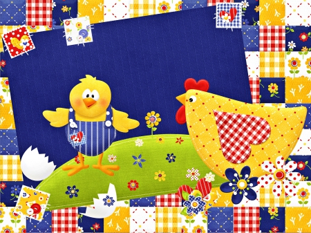 Happy Easter - patchwork, chicken, yellow, blue, happy easter