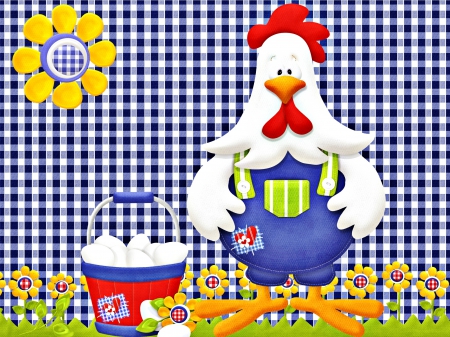 Happy Easter - eggs, rooster, blue, happy easter, checkered