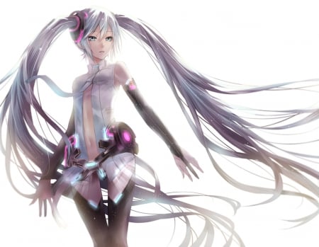 Miku Append - anime girl, white, hatsune miku, append miku, long hair, vocaloids, vocaloid, beautiful, sweet, serious, nice, realistic, beauty, female, silve hair, emotional, twintail, simple, miku append, miku hatsune, silver, pretty, anime, miku, twin tail, girl, twintails, lovely, hatsune, hd, twin tails, plain, white hair