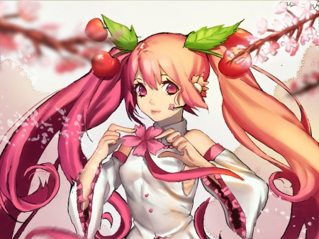 Sakura Miku - nice, beauty, female, twintail, anime girl, pretty, miku sakura, petals, anime, miku, twin tail, hatsune miku, girl, twintails, long hair, pink hair, sakura miku, lovely, long hairt, hatsune, vocaloids, sakura, twin tails, vocaloid, pink, beautiful, sweet