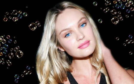 Candice Swanepoel - woman, girl, blue eyes, bubbles, black, model, pink, by cehenot, candice swanepoel, blonde