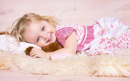 Sweet little girl - girl, blue eyes, toy, child, pink, smile, sweet, dress, blonde