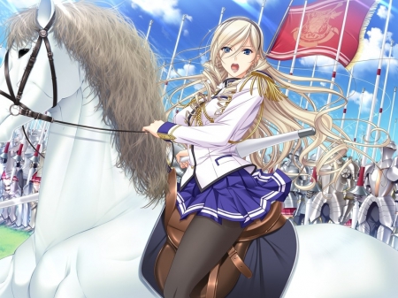 The duel - anime, anime girl, people, shouting, skirt, duel, blonde, long hair, horse, unifrom, animal, flags, compeition, sky