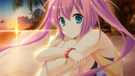 Beach - beautiful, beach, anime girl, sit, girl, scenery, pink hair, light, glow, pretty, kawaii, beauty, sweet, anime, hd, sitting, sand, long hair, nice, lovely, scene, female