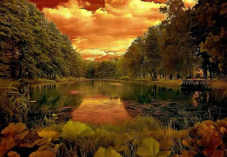 Sunset at River - sky, trees, reflection, clouds