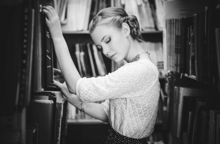 Calm - calm, moments, woman, beauty, black and white, books, photo