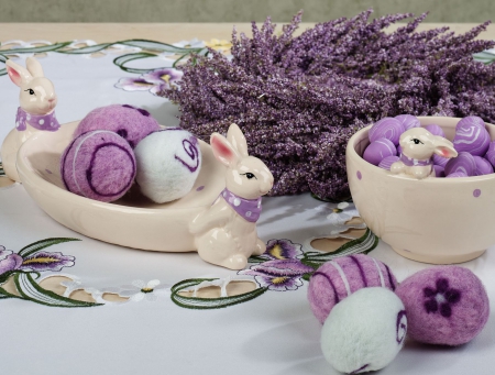 Lavender Easter - eggs, rabbits, easter eggs, bunnies, bowl, easter, dish, lavender