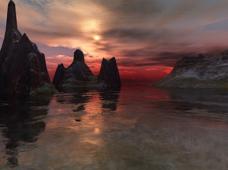 AMAZING SUNSET - sky, reflection, sea stacks, clouds, water, sunset