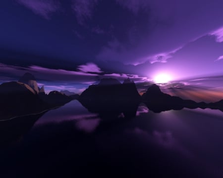 SUNSET IN PURPLE - sky, ocean, purple, reflection, clouds, mountains, sunset