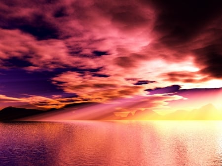 PURPLE & ORANGE SUNSET - SUNSET, MOUNTAINS, CLOUDS, SKY, PURPLE, REFLECTION, OCEAN, ORANGE