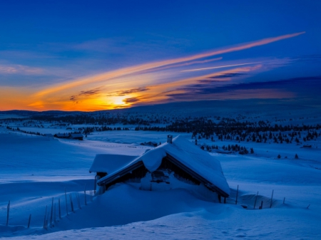 Blue Snow House - blue, snow, winter, scenery, house