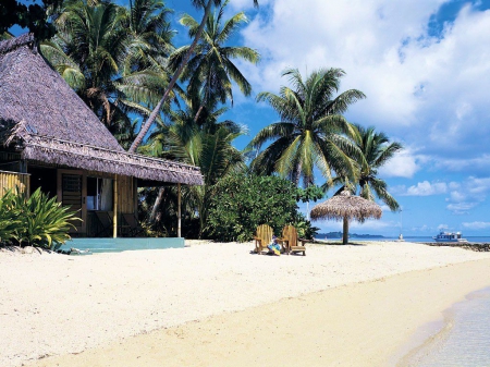 Tropical Paradise - chairs, clouds, palms, sad, sea, umbrella, cabin