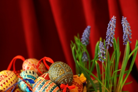 Easter Eggs and Grape Hyacinth - grape hyacinth, easter eggs, easter, flowers, hyacinth