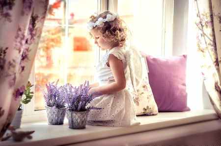 Little Lady - beauty, nature, xhild, pretty, girl, window, flowers, purple flowers