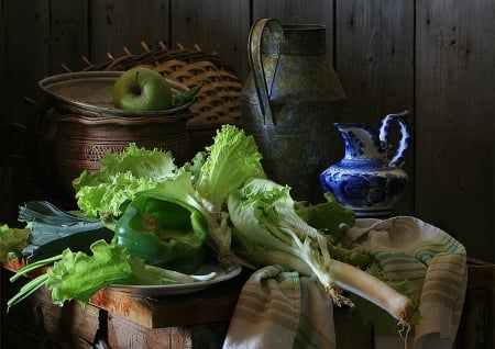 Still Life - Lettuce, apple, jar, beautiful