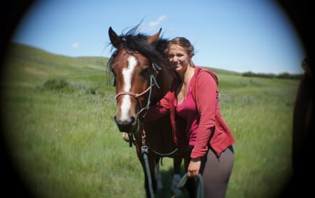 cowgirl with horse - landscape, horse, beautiful, sky