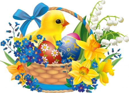 Easter Chick - chick, easter, daffodils, basket, eggs, bow, easter eggs, lily of the valley, ribbon, flowers