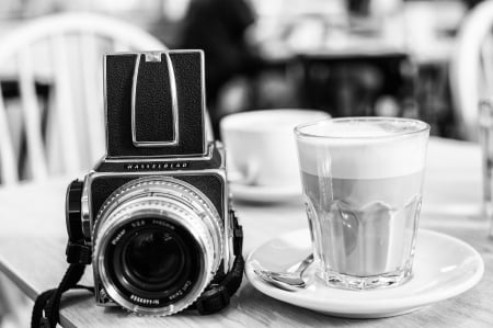 Coffee Time - bokeh, coffee, cappuccino, camera, photography, black and white