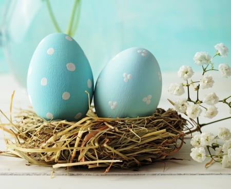 ♥Easter Eggs♥ - eggs, flowers, easter, nest, blue, pastel