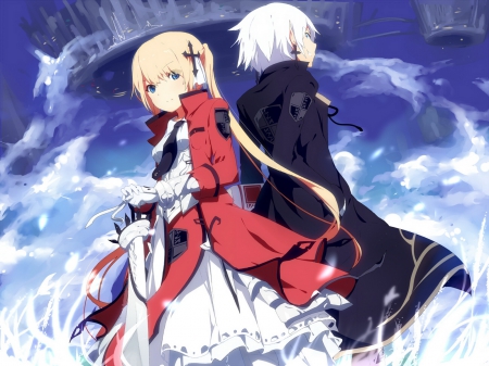 elite of the rounds - long hair, dark coat, blue sky, cute girl, blonde hair, red dress, pretty girl, anime, sword, silver hair, short hair