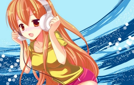 let's have fun with songs of happiness - headphone, anime, blue, long hair, summer outfit, red eyes, shirt, laughing, smile, pretty girl, cute girl, cute, shorts, orange hair