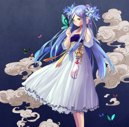 Butterfly - gown, maiden, beautiful, anime girl, girl, lady, blue hair, cloud, pretty, beauty, sweet, anime, dress, blue, long hair, butterfly, nice, lovely, female