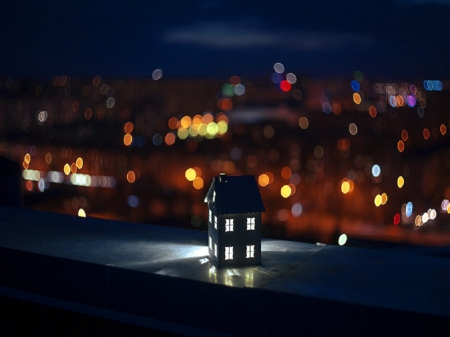 I love The City Lights - bokeh, patio, lights, city, candle house, still life