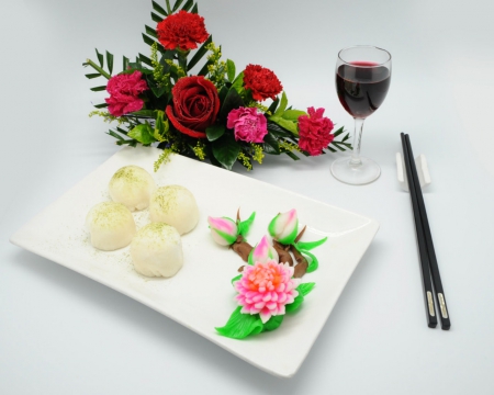 Food for you - flowers, wine, plate, food, glass