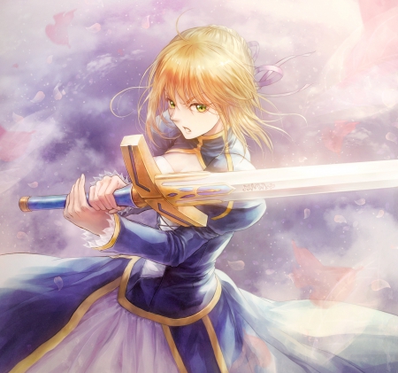 Saber - saber, female, emotional, blond, knight, simple, anime girl, angry, blade, blond hair, blonde hair, sinister, anime, excalibur, sword, girl, mad, warrior, fate stay night, plain, weapon, blonde