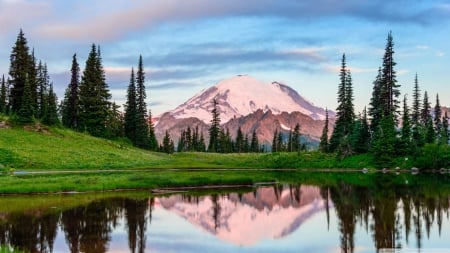 Snowy mountain peak - sky, landscape, water, mountains, wallpaper, hd, nature, lakes, forest, reflection, clouds, scene