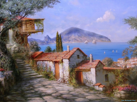 Seaside Life - painting, sky, trees, mountain, clouds, house, road, boat