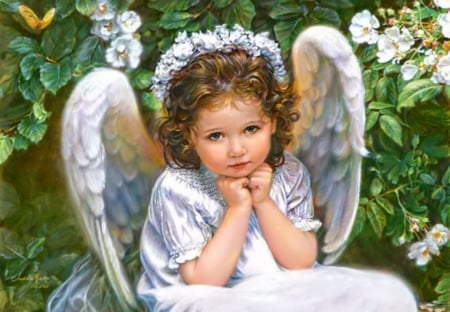 Angel eyes - heaven, girl, bushes, eyes, spring, angel, freshness, flowers, look, painting, garden, wings, art