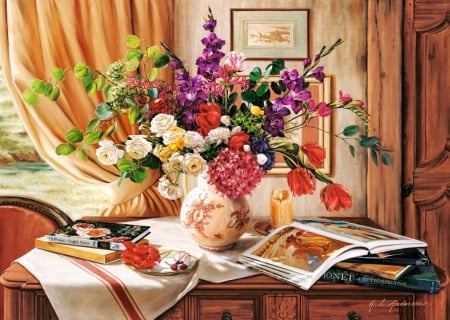 Still life - book, pretty, beautiful, flowers, bouquet, vase, still life, art, room, cozy, home, table, lovely, house, painting, colorful