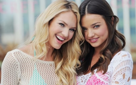 Candice Swanepoel and Miranda Kerr - woman, beauty, girl, model, white, pink, blue, miranda kerr, candice swanepoel, blonde