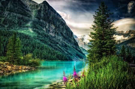 Emerald mountain river - rocks, cliffs, landscape, beautiful, flowers, emerald, shore, lake, sky, river, riverbank, mountain