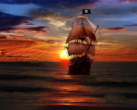 Pirates - sky, flag, clouds, sailship, sunset, sea