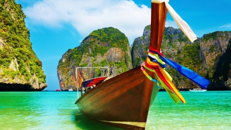 Thai Beach Boat - water, cloud, cliffs, sea, Thailand