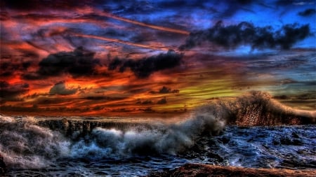 Stormy Sea - clouds, waves, stones, sun, sky